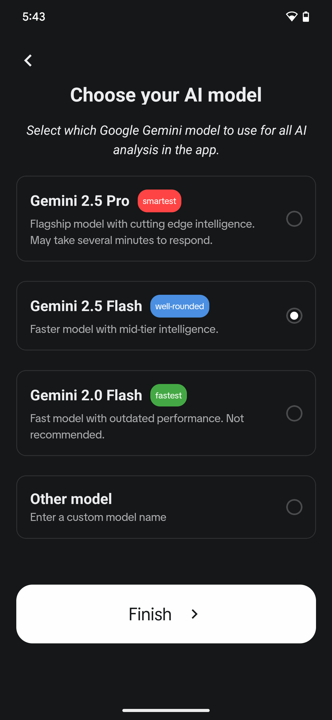 AI model choice screen